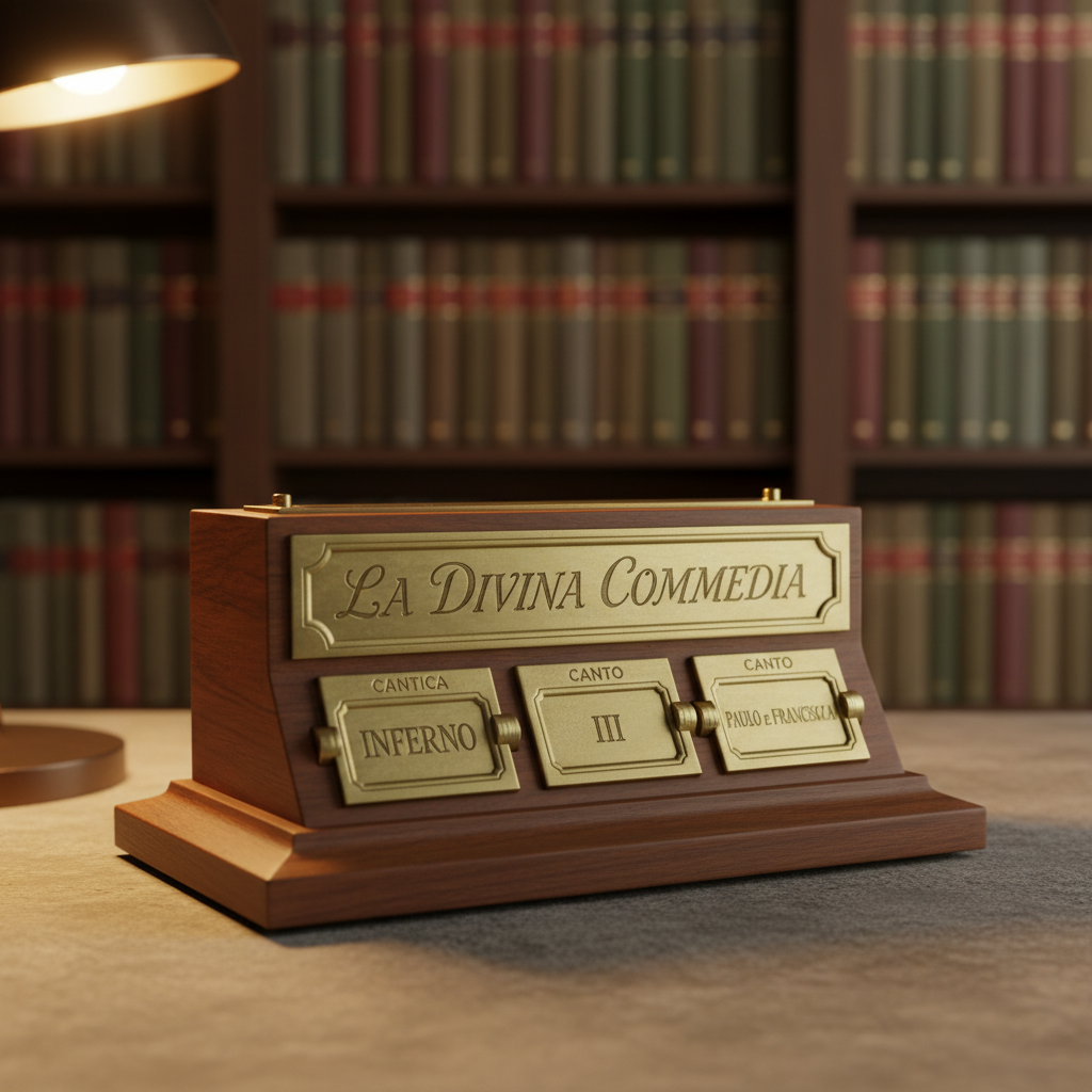 An ornate antique desk calendar made of dark walnut and polished brass, where each sliding panel reveals the name of a cantica and a specific canto of the Divina Commedia instead of ordinary dates. The calendar stands on a minimalist stone surface, with a background of blurred, floor-to-ceiling bookshelves filled with leather spines in muted earth tones. Warm, directional light from a single desk lamp creates a golden halo around the brass, giving it a subtle, sophisticated glow while casting soft shadows behind. Photographic realism with a rule-of-thirds composition and moderate depth of field, projecting an atmosphere of quiet erudition and exclusive, curated access to Dante’s verses.