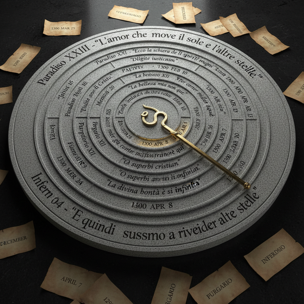 A large, circular stone calendar inspired by Dante’s cosmology, carved with eleven concentric rings representing the infernal circles, purgatorial terraces, and celestial spheres. Each ring is etched with precise, legible Italian inscriptions of select canti and dates. The disk lies on a smooth black basalt surface, surrounded by scattered parchment date cards and a single brass sundial pointer aligned to a highlighted day. Cool, diffused studio lighting from above accentuates the carvings, creating crisp highlights and soft shadows in every groove. Captured from a slightly elevated angle with sharp focus throughout, the photographic style feels refined and intellectual, ideal for visualizing a structured “Calendario di Dante.”